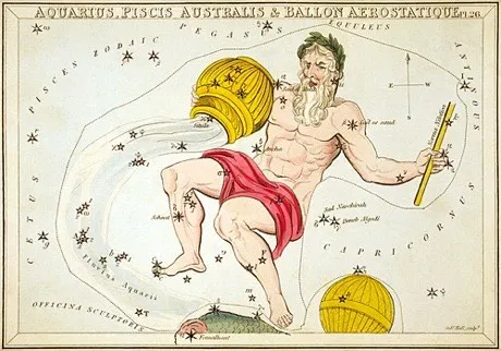 The Aquarius constellation, hand-coloured antique star chart