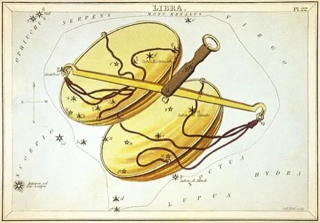 The Libra constellation, hand-coloured antique star chart
