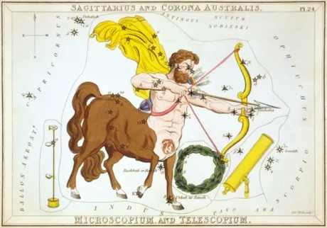 The Sagittarius constellation, hand-coloured antique star chart